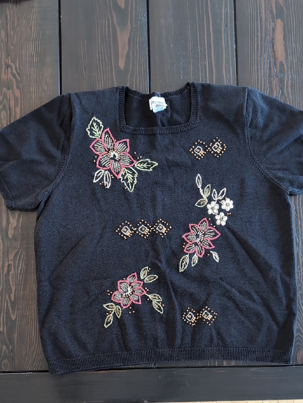 Alfred Dunner Black Knit Embroidered Top, Shirt Sleeves, Square Neckline